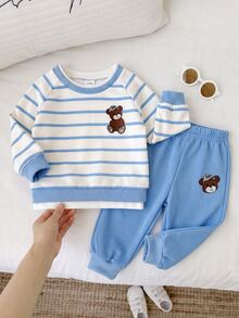 男女嬰兒/幼兒 2件組秋冬休閒可愛 2合1熊圖案運動衫套裝，嬰兒運動服，嬰兒冬季衣物 藍色 - 藍色 - 查看 3