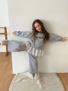 Dazy Kids Young Girl Fashion Lace Patchwork 2 In 1 Sweatshirt And Pants Set - Light Grey - View 3