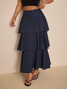 SHEIN PETITE Navy Blue Polka-Dot Maxi Skirt With Dramatic Tiered Ruffles (Designed For Petite Women) - Navy Blue - View 4