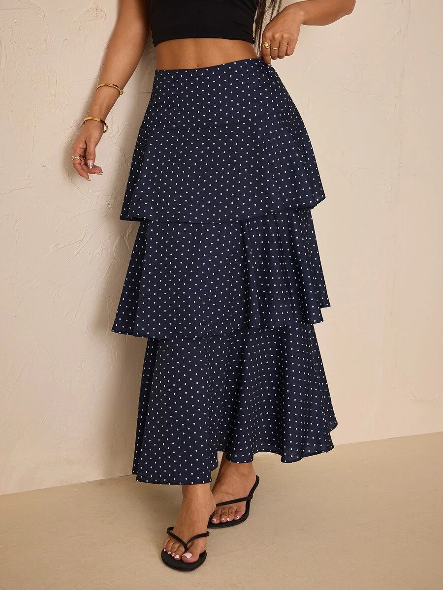 SHEIN PETITE Navy Blue Polka-Dot Maxi Skirt With Dramatic Tiered Ruffles (Designed For Petite Women) - Navy Blue - View 1