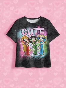 THE POWERPUFF GIRLS X SHEIN Tween Girl Letter Cartoon Print Short Sleeve Casual T-Shirt - White - View 7