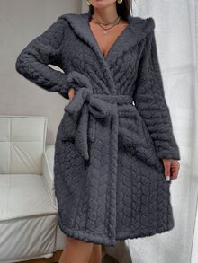 SHEIN Plush Jacquard Animal Ear Design Belted Hooded Open Front Robe - Grey - View 5