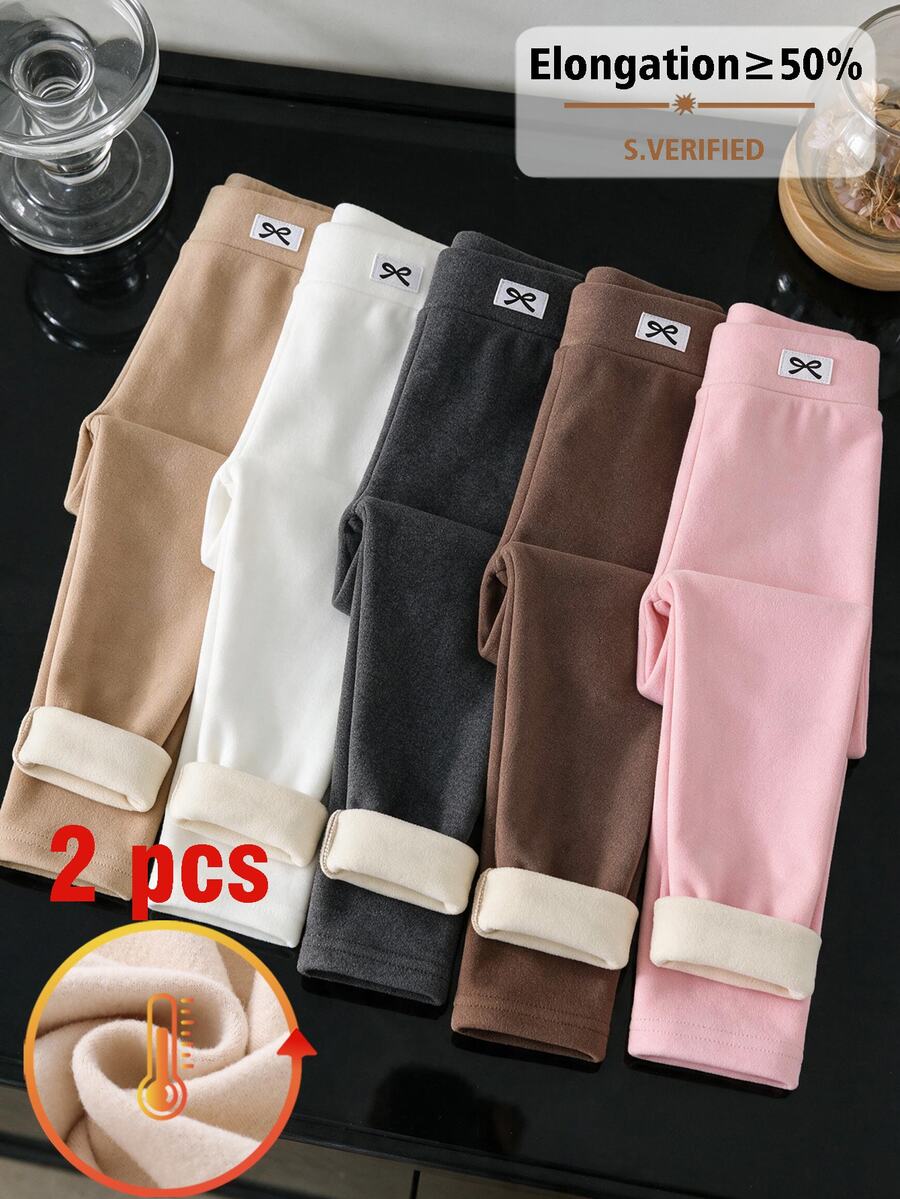 SHEIN 2pcs/Pack Girls' Autumn/Winter Bow Embroidery Pattern Fleece Leggings, Suitable For Daily Casual Wear - Multicolor - View 1