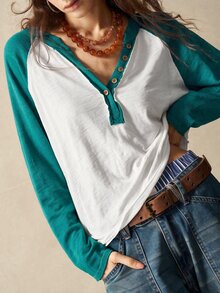 Bohemela 休閒針織拼色半鈕扣前襟女款T恤 - 綠色 - 查看 6