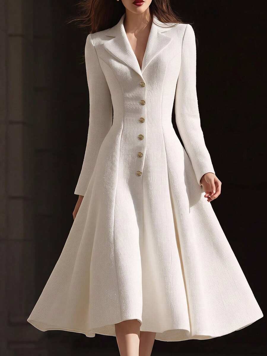 Velvienne Đầm dài nữ dáng chữ A eo chiết cổ blazer, len dày pha, phong cách thanh lịch mới cho mùa Thu/Đông, phù hợp đi tiệc, hẹn hò và đi làm - trắng - Xem 1