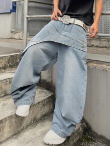 Streetwear Retro Fashion Versatile Distressed Washed Studded Patchwork Design Loose Straight Wide Leg Casual Denim Jeans (Belt And Accessories Not Included) - Light Wash - View 4