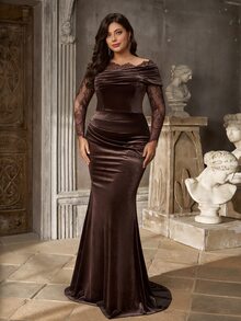 Aureia Plus Size Brown Lace Patchwork Elastic Velvet Mermaid Elegant Asymmetrical Shoulder Evening Gown - Coffee Brown - View 2