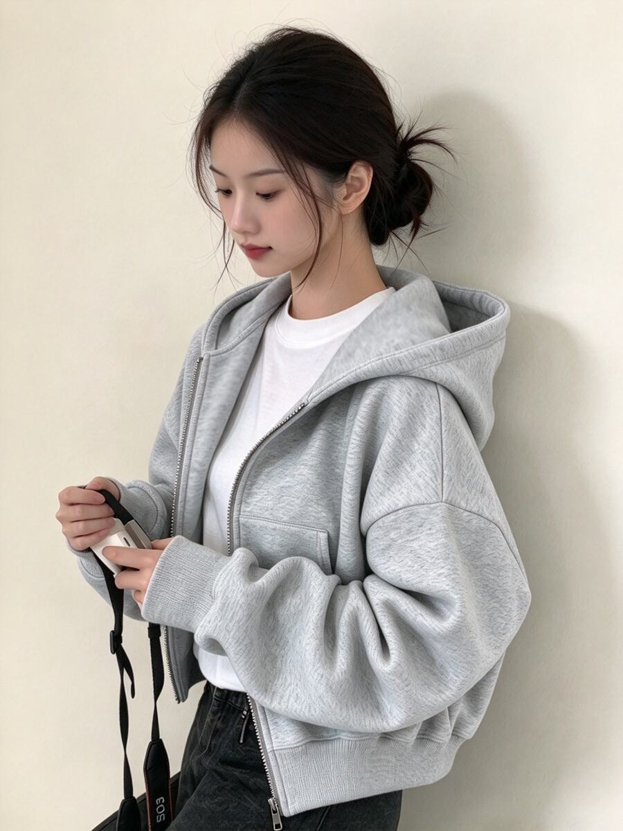 SHEIN Sparklyn 青少年女孩長袖抓絨內裡純色黑色夾克,萬聖節冬季風格,街頭穿搭寬鬆版型 - 灰色 - 查看 1