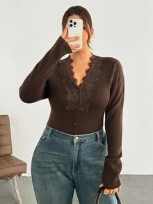 Firerie Plus Size V-Neck Lace Trim Long Sleeve Button Front Solid Color Cardigan - Brown - View 7