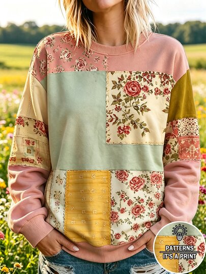 Selamara Bohemian Pastoral Vintage Patchwork Floral Print Women's Sweatshirt, Autumn/Winter Fashion Crew Neck Pullover Long Sleeve Top, Suitable For Daily Streetwear, Outdoor Outings And Travel