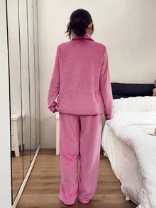 Napfluff Women's Coral Fleece Thickened Long Sleeve Long Pants Casual Loungewear - Hot Pink - View 2