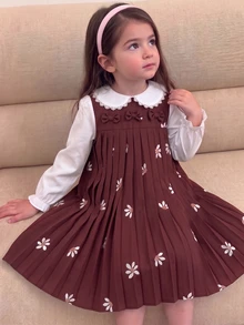 SHEIN Genkimix Kids 女童蕾絲飾邊彼得潘領裝飾百褶長袖洋裝，復古蕾絲飾邊，甜美校園風日常穿著秋季洋裝 - 紅色 - 查看 1