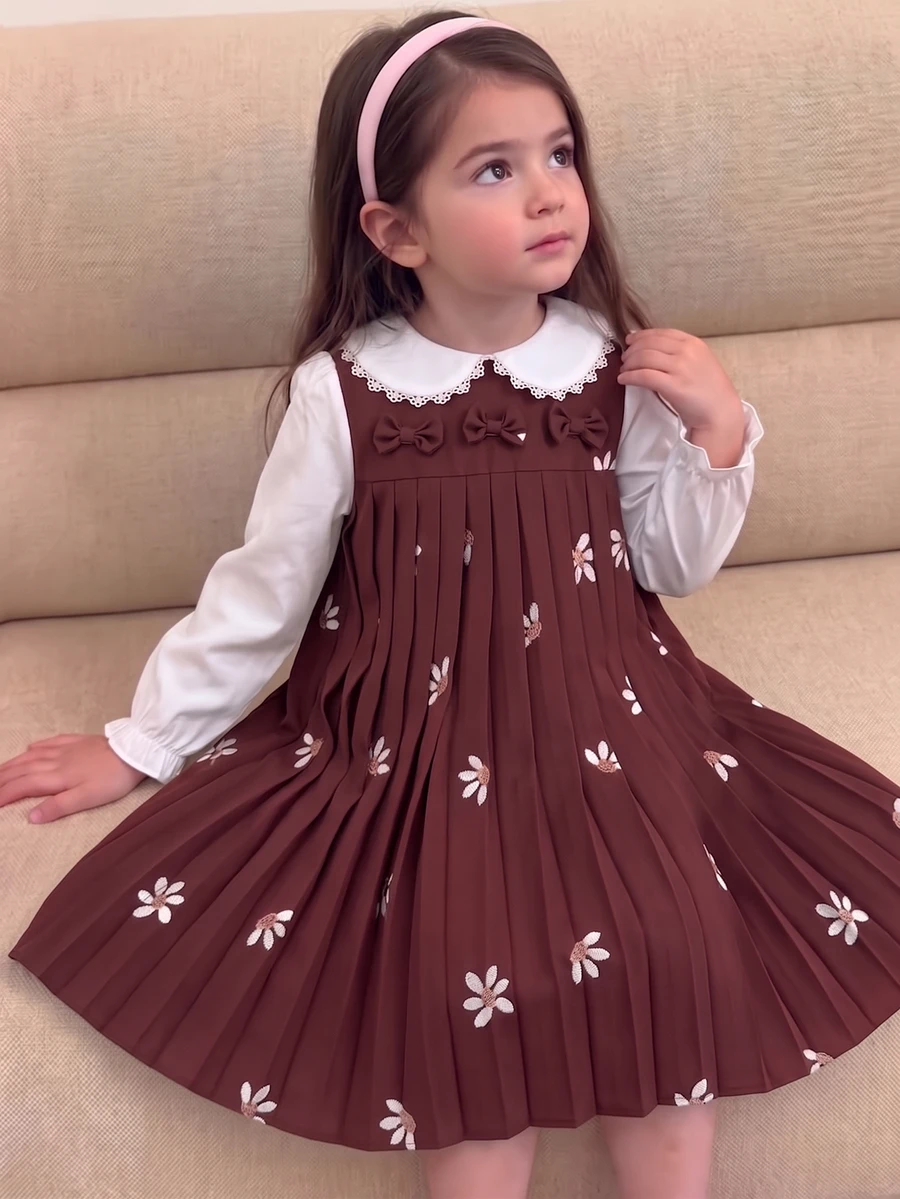 SHEIN Genkimix Kids 女童蕾絲飾邊彼得潘領裝飾百褶長袖洋裝,復古蕾絲飾邊,甜美校園風日常穿著秋季洋裝 - 紅色 - 查看 1