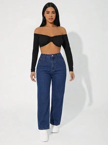 SHEIN ICON 大尺碼女款高腰直筒寬鬆休閒百搭牛仔褲 - 深色水洗藍 - 查看 3