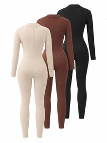 SHEIN Unity Women's Half-Zip Stand Collar Long Sleeve Jumpsuit, Elastic Slim Fit Bodycon One-Piece - Multicolor - View 2
