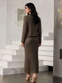 Modelyn طقم كاجوال نسائي من كارديجان وفستان بتصميم كتل لونية - لون مشمشي - مشاهدة 2