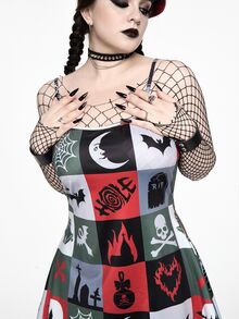 ROMWE Goth Y2K Christmas Dark Multi-Element Skull & Bell Sexy Dark Girl All-Over Print Mini Dress For Women - Multicolor - View 2