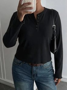 Livesso Solid Color Casual Traditional Half-Button Front Long Sleeve Black T-Shirt, Blogger Style, Spring/Autumn New Arrival Formal Home Wear Going Out - Black - View 4