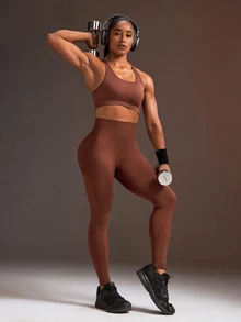 Powerista 女款純色高腰緊身舒適百搭運動緊身褲 無縫健身、運動、戶外休閒與跑步健身房棕色 - 棕色 - 查看 6