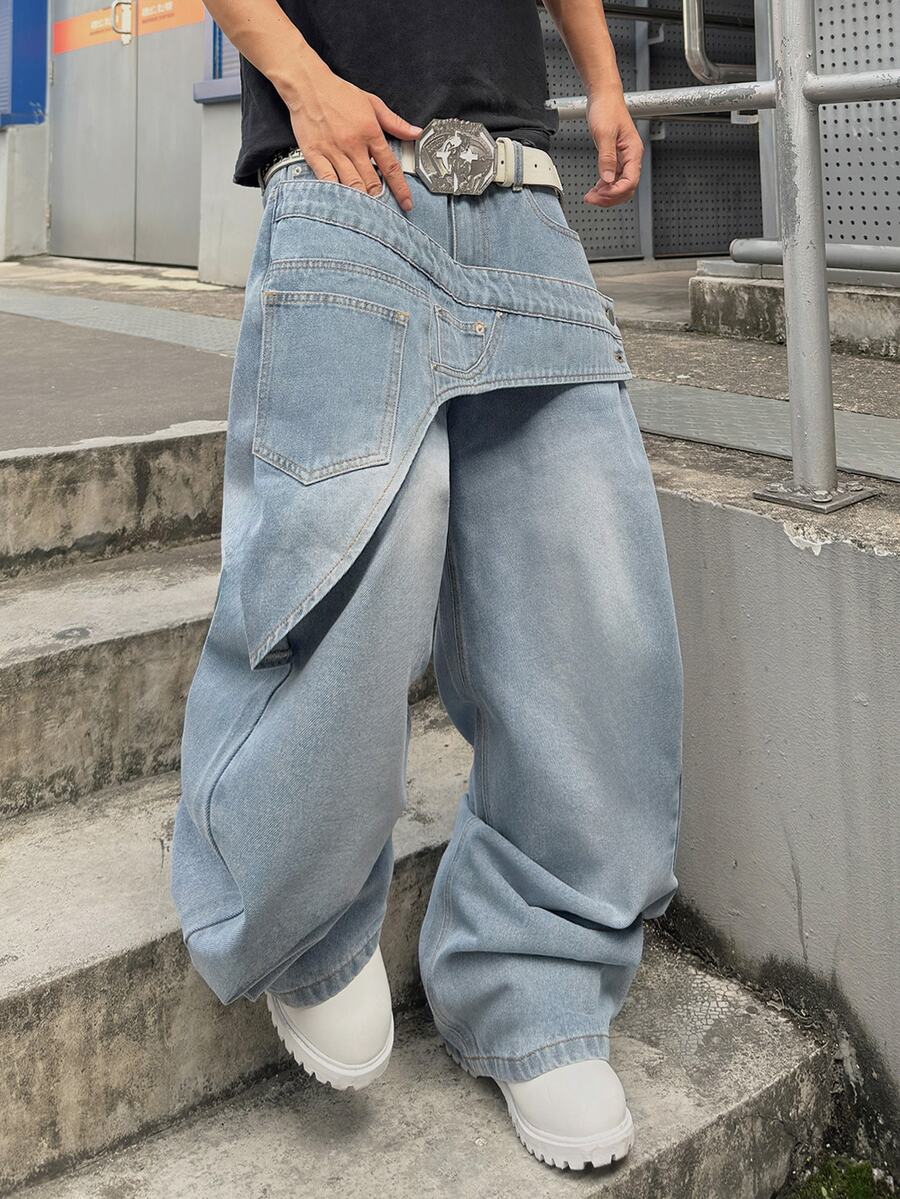 Streetwear Retro Fashion Versatile Distressed Washed Studded Patchwork Design Loose Straight Wide Leg Casual Denim Jeans (Belt And Accessories Not Included) - Light Wash - View 1