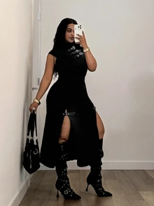 Jeanoix Plus Size Women's Casual Daily Summer Denim Dress With Button And Slit Design - Black - View 4