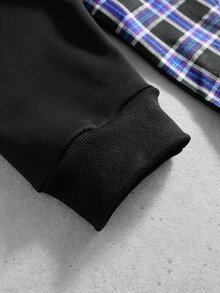 ROMWE MEN Men's Fashion Patchwork Blue & Purple Plaid 2 In 1 Long Sleeve Pullover T-Shirt - Black - View 6