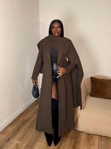 Selianne Autumn/Winter Vintage Mixed Color Oversized Lapel Shawl Collar Overcoat, Commuter Versatile Knee-Length Loose Fit Long Coat - Coffee Brown - View 1