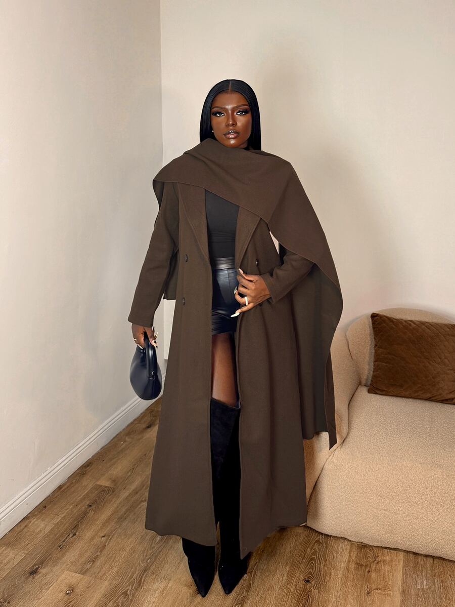 Selianne Autumn/Winter Vintage Mixed Color Oversized Lapel Shawl Collar Overcoat, Commuter Versatile Knee-Length Loose Fit Long Coat - Coffee Brown - View 1