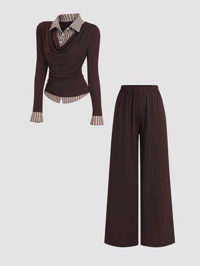 Sweetra Ensemble 2 pièces pour femmes : Blouse vintage marron à rayures patchwork couleur unie en tricot, col montant, taille affinée, style minimaliste français sexy, manches longues, design de mode polyvalent pour le début de l'automne et pantalon droit minimaliste décontracté