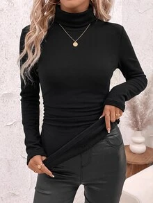 SHEIN Clasi Kaos Termal Hangat Wanita dengan Kerah Tegak, Pinggang Diikat, dan Detail Kerut - Hitam - View 2