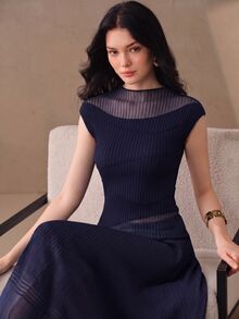 Anewsta 女款圓領撞色網格垂直條紋修身顯瘦休閒針織上衣 - 藍色 - 查看 6