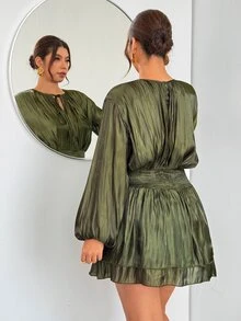 Firerie Plus Size Ruched Tie Waist Ruffle Hem Dress - Green - View 2