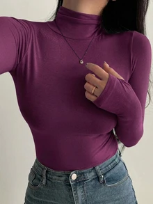 DAZY 女款高領長袖T恤，黑色，春夏秋季女裝可愛上衣 - 中紫紅色 - 查看 1