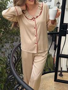 Livesso Women's Contrast Trim Ruffle Collar Single-Breasted Long Sleeve Top & Casual Long Pants Pajama Set - Pink - View 5