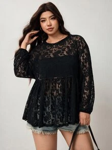 Enliva Plus-Size Women's Casual Loose Basic Long-Sleeved T-Shirt, Semi-Transparent LaceApple,Rounded Body - Black - View 5
