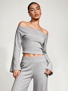 SHEIN BASICS Women's Sexy Shoulder Top And Solid Color Long Pants 2 Pieces Set - Grey - View 7