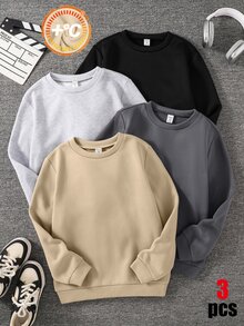 SHEIN 4件組兒童青少年男孩休閒運動學院風多功能純色保暖內裡長袖運動衫，適合通勤、上學、日常休閒外出與運動，秋冬款 - 彩色 - 查看 2