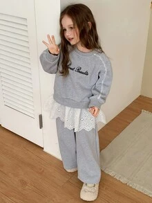 Dazy Kids Young Girl Fashion Lace Patchwork 2 In 1 Sweatshirt And Pants Set - Light Grey - View 7
