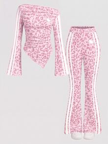 Tween Girls T-Shirt Set, Casual Minimalist Leopard Print, Suitable For All Seasons - White - View 3