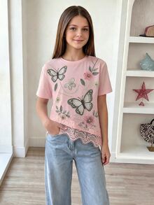 SHEIN 少女 1件甜美 Coquette 風格仿珠飾蝴蝶花卉印花不對稱蕾絲飾邊圓領短袖圖案 T-shirt 上衣 - 粉色 - 查看 3