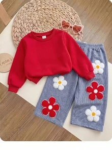 SHEIN 2件組可愛紅色針織花卉圖案女嬰運動衫與長褲套裝 - 紅色 - 查看 6