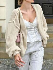 INAWLY Plus Size Women's Solid Color Casual Versatile Daily Wear Cardigan - Apricot - View 3