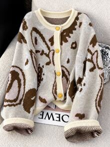 EMERY ROSE 2025 Plus Size Women's Fashionable Casual Minimalist Versatile Multi-Colour Fair Isle Pattern Gemstone Floral Button Small Round Neck Knitted Cardigan - Apricot - View 1