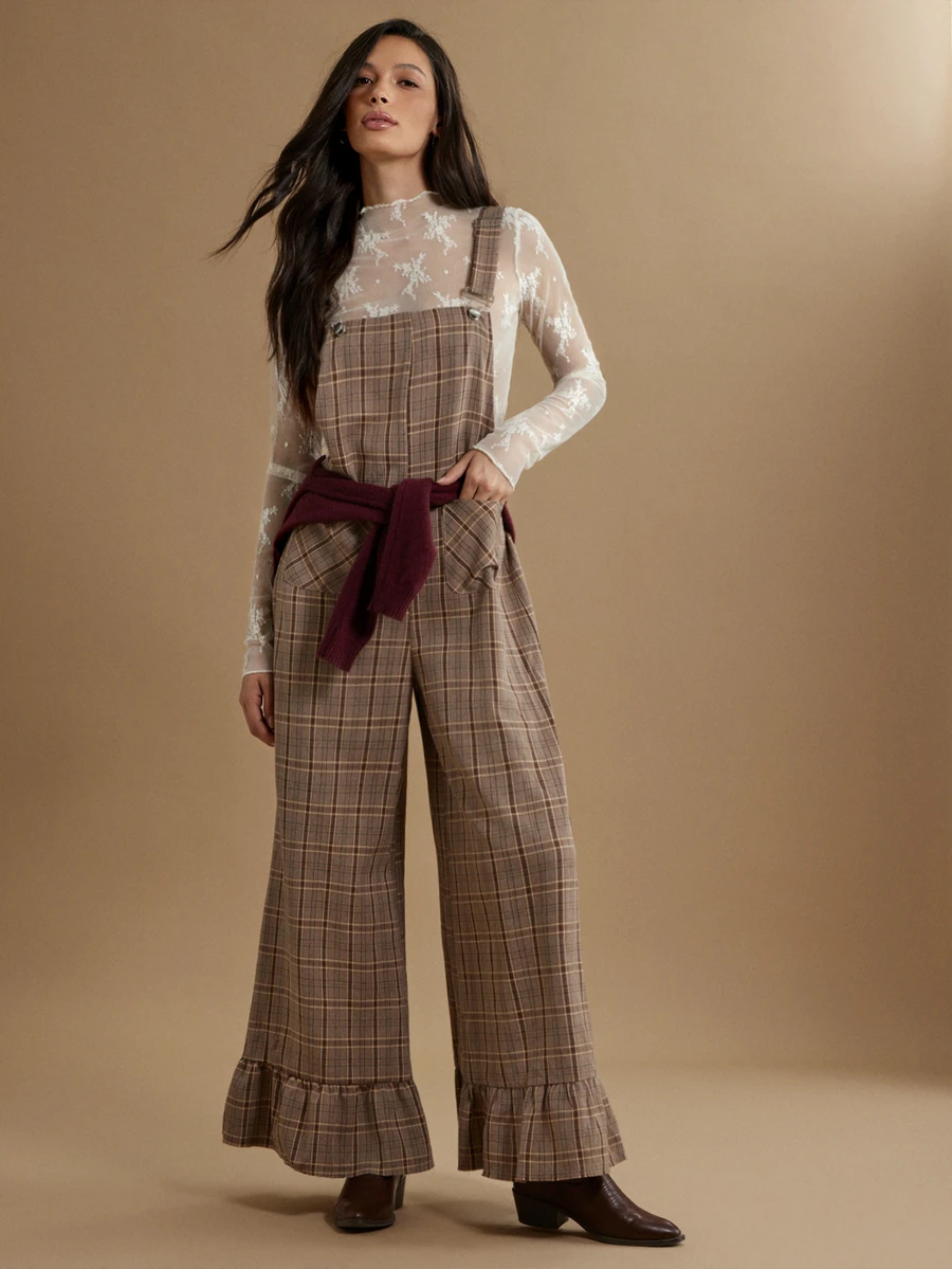 WESTFADE Brown Adjustable Strap Relaxed Wide Leg Ruffle Plaid Jumpsuit Overalls, Fall, Autumn Winter, Country, Cowgirl, Cute, Western, Thanksgiving Outfit - Multicolor - View 1