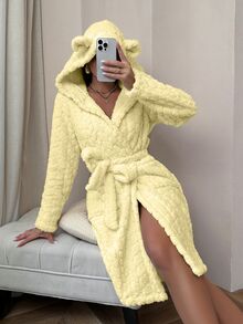 SHEIN 女款毛絨提花動物耳連帽前開襟睡袍 - 黃色 - 查看 3