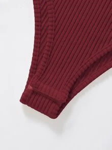 SHEIN LUNE Autumn‑Winter Women Solid Ribbed Square Neck Long‑Sleeve Bodysuit, Slim‑Fit Stretchy Knit Warm Versatile Layering Base Top - Burgundy - View 6