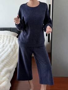DAZY Women's Solid Color Long Sleeve Top And Pants Casual Daily Home Sleepwear Set - Navy Blue - View 6