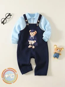 SHEIN 中性新生兒嬰兒男/女童、幼兒 2 件組秋冬保暖內裡加厚可愛學院風熊圖案吊帶褲與運動衫套裝，Polo 套裝，嬰兒冬季穿搭，聖誕節 - 藏蓝色 - 查看 3