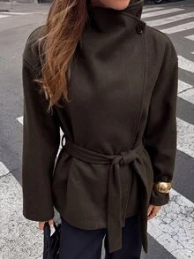 Aloruh Minimalist Commuter Versatile Plum Purple Lace-Up Stand Collar 2-In-1 Fitted Waist Long Sleeve Short Overcoat For Women - Coffee Brown - View 7