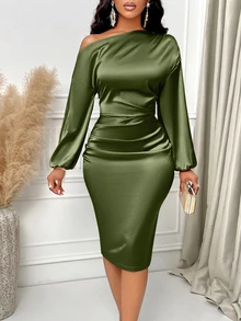 SOLERSUN Asymmetric Neckline Ruched Side Satin Bodycon Dress Maxi Women Outfit - Army Green - View 6